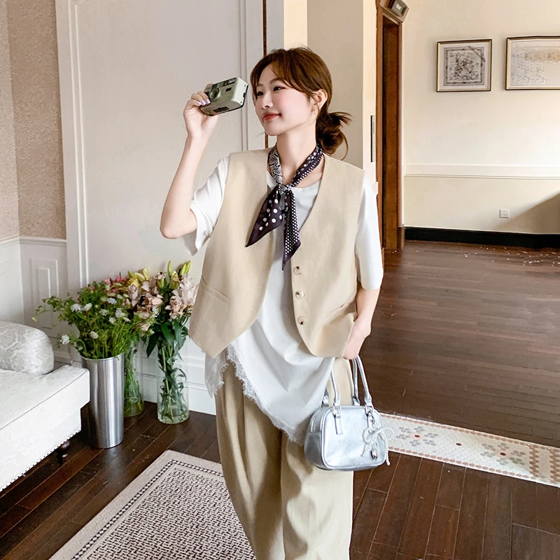 轻奢穿搭马甲时尚套装女2025夏季新款显瘦t恤休闲直筒长裤三件套