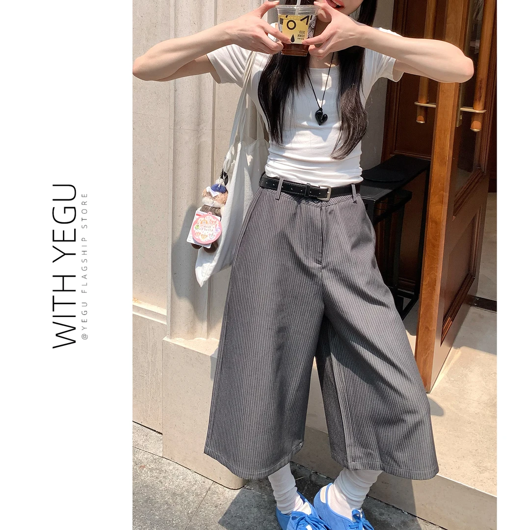 灰色条纹七分西装休闲裤女夏季款宽松直筒阔腿裤小个子松弛感中裤