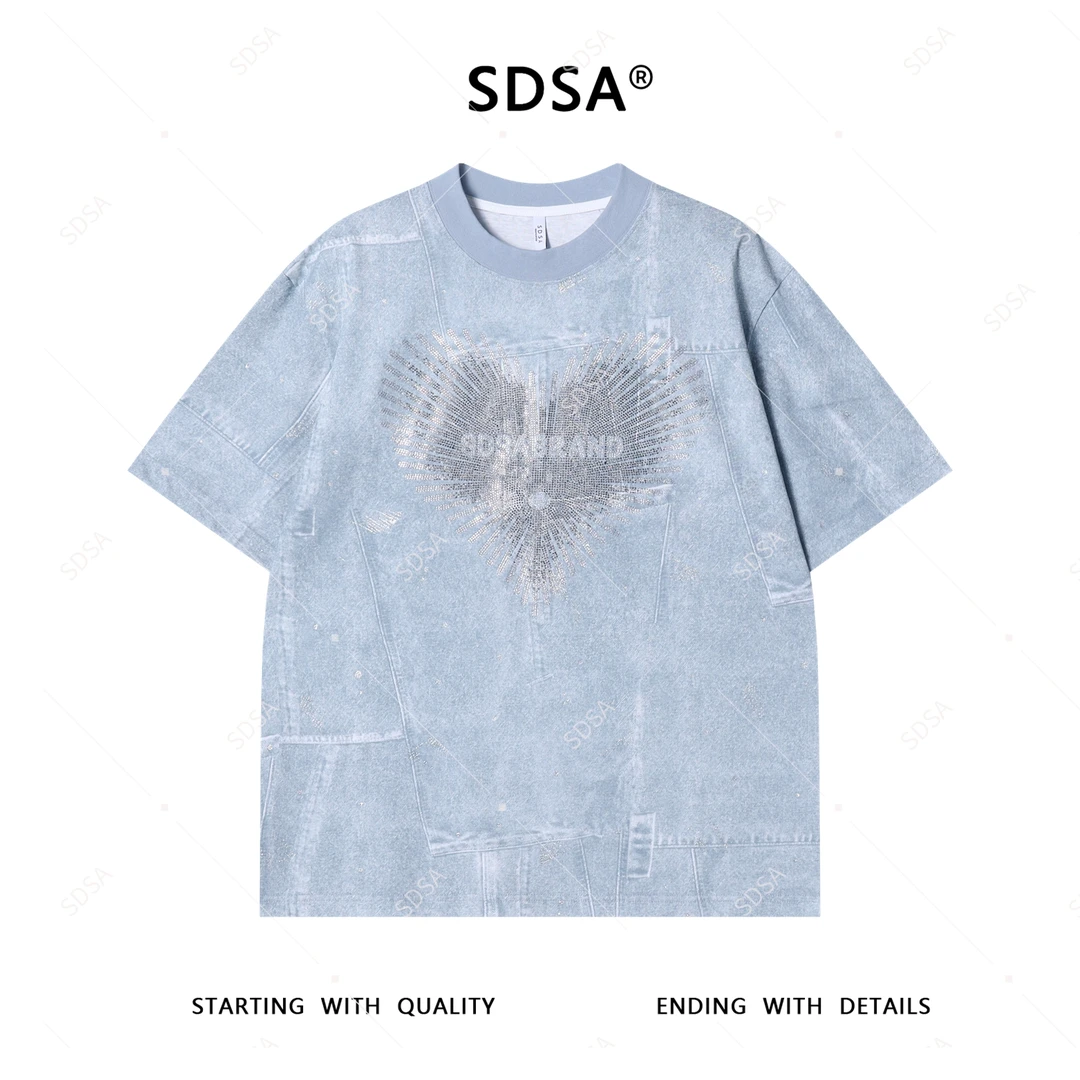 夏季高级感新款男士美式烫钻爱心字母设计短袖T恤慵懒风圆领上衣