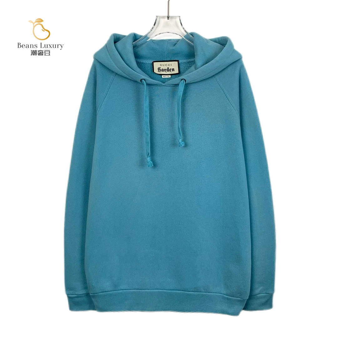 95新 GUCCI/古驰 蓝色字母刺绣棉质连帽卫衣/H13092