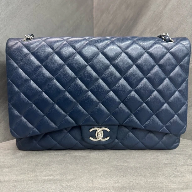 95新 Chanel/香奈儿 海军蓝银扣 荔枝牛皮 CF Maxi双盖包