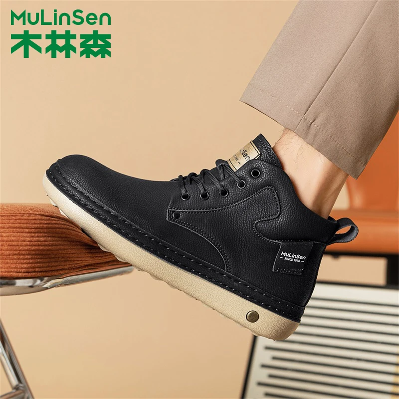 木林森时尚真皮潮鞋加绒防滑中帮系带马丁靴男士户外百搭潮流高帮