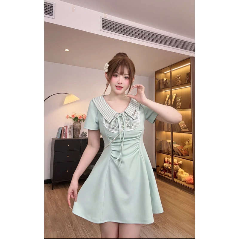 【抹茶慕斯】9282胖mm温与柔学院风假两件气质收腰A字 短袖连衣长裙