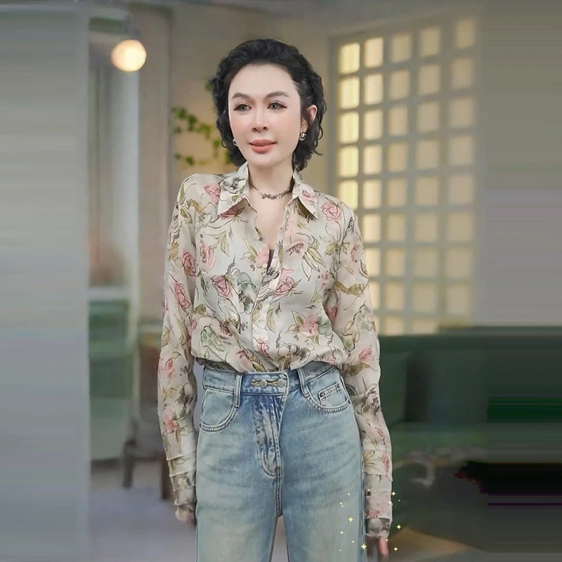 长袖Polo领防晒衬衫女士夏季韩版宽松慵懒风衬衣百搭休闲印花上衣