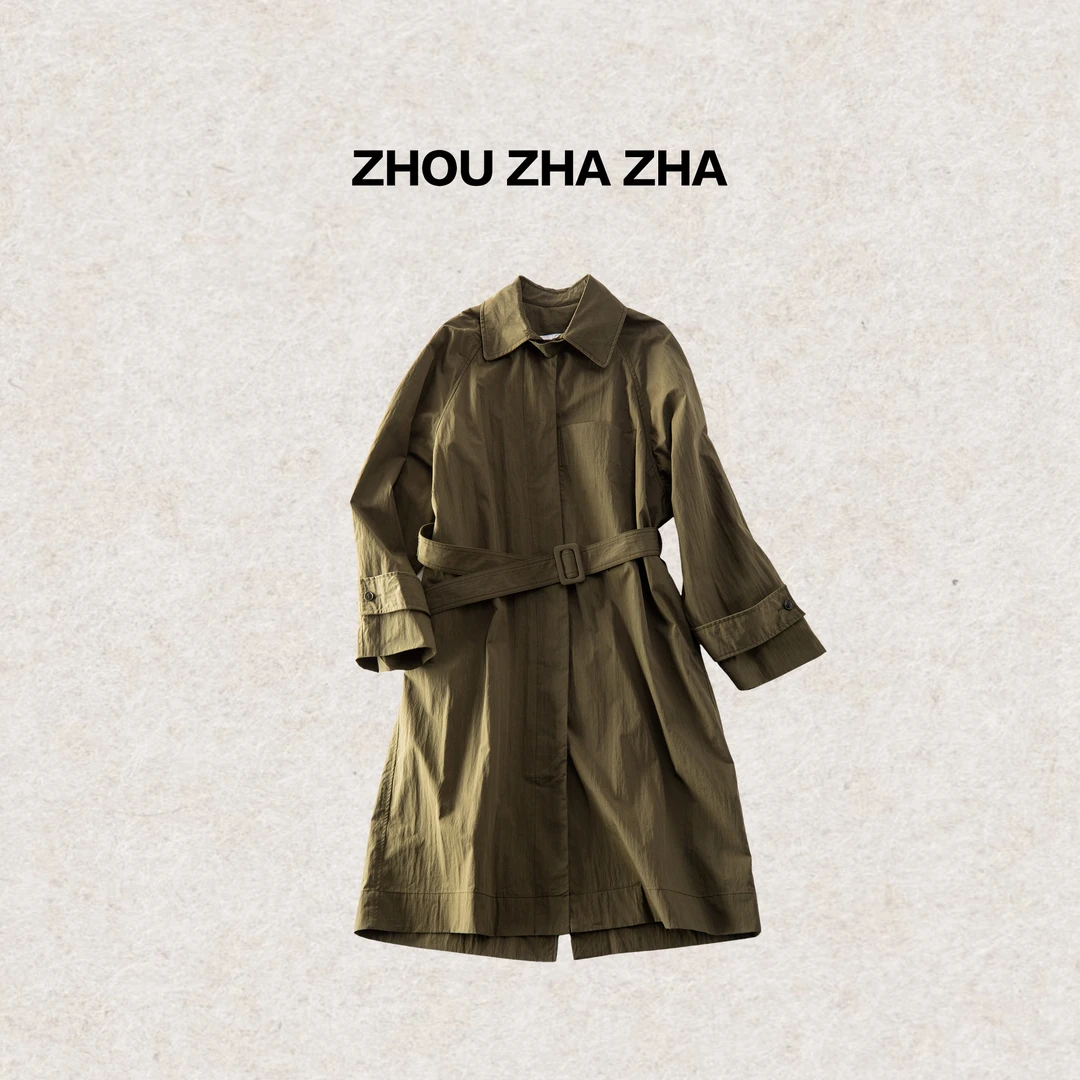 【周炸炸】高个子版日系简约纯色长款翻领收腰休闲风衣外套#258326