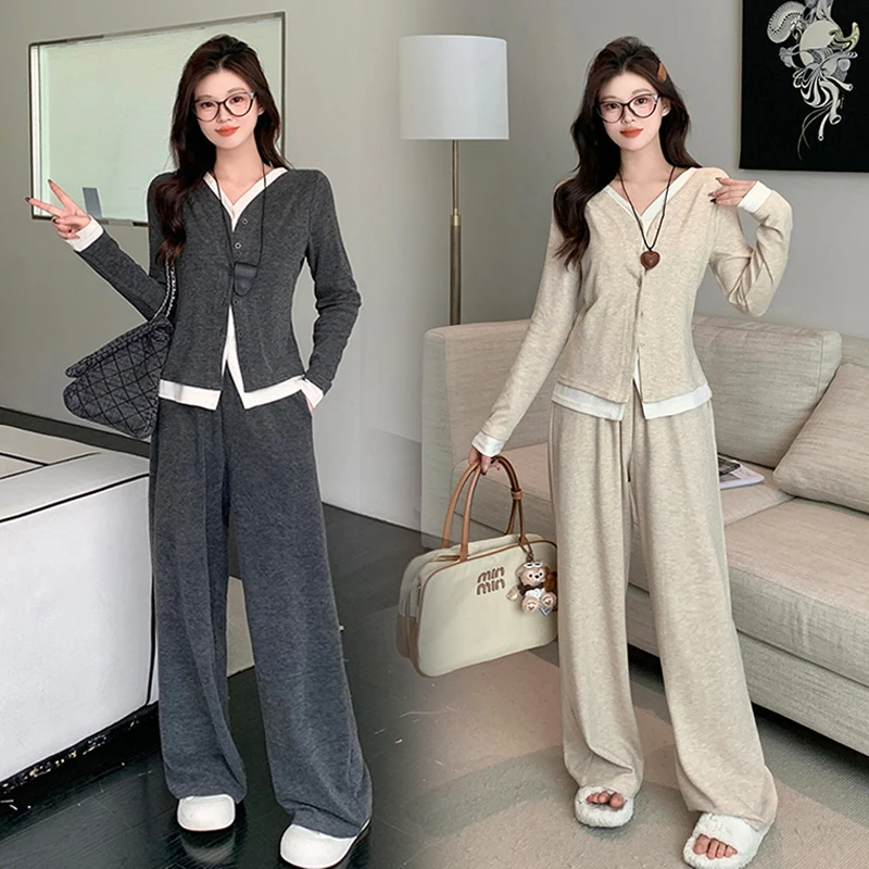 2025秋装新款胖mm大码女休闲假两件撞色长袖上衣阔腿裤套装 20312