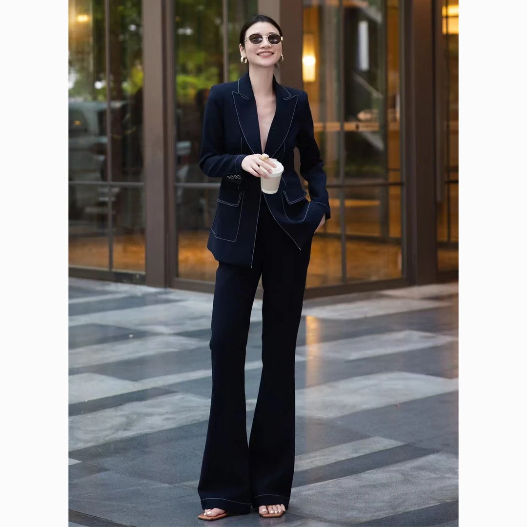 ZEROYK时尚套装女设计感御姐气质藏蓝色修身西服微喇裤通勤两件套