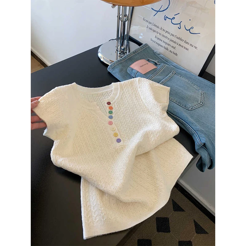 2025新款针织短袖t恤女小个子独特漂亮短款正肩修身显瘦飞袖上衣