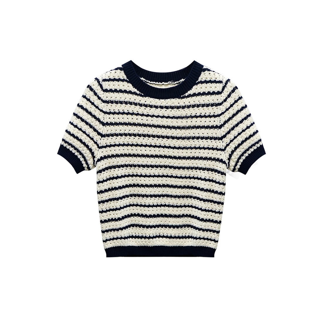 条纹薄款短袖镂空御姐风条纹上衣OP-71