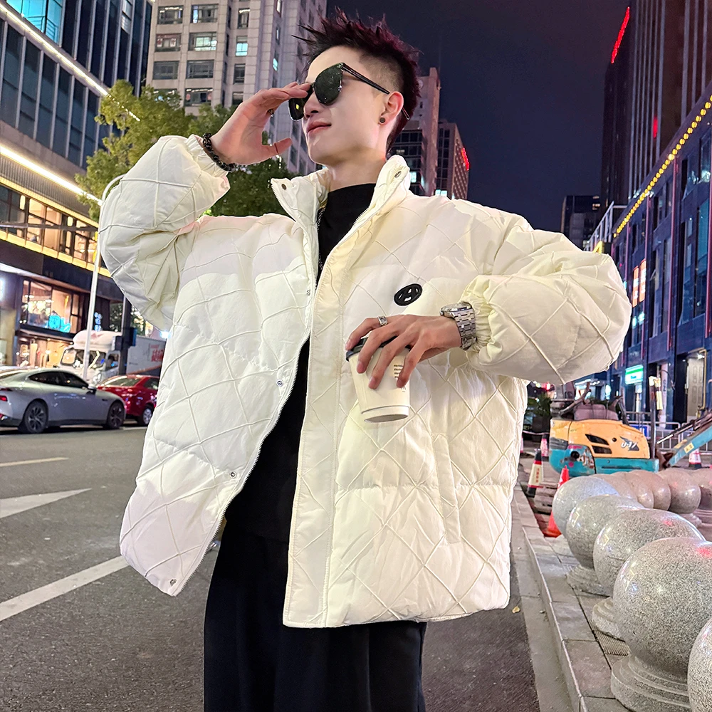 冬季立领棉衣外套男潮牌高级感保暖袄子潮流新款压褶格子休闲棉服