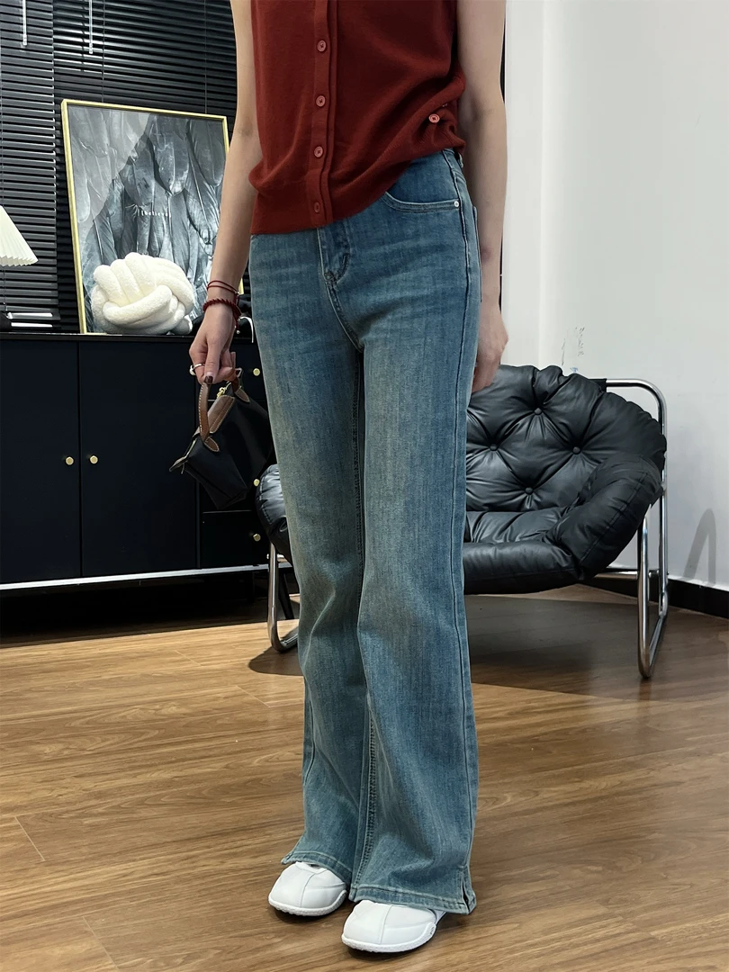 【Si&华严选】复古百搭高腰时尚显瘦修身脚口开叉微喇叭牛仔裤3126