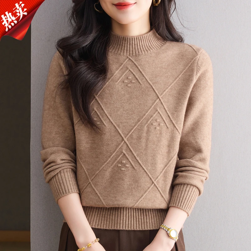 【原版正品】羊毛衫女半高领毛衣菱格洋气内搭上衣宽松加厚针织打底