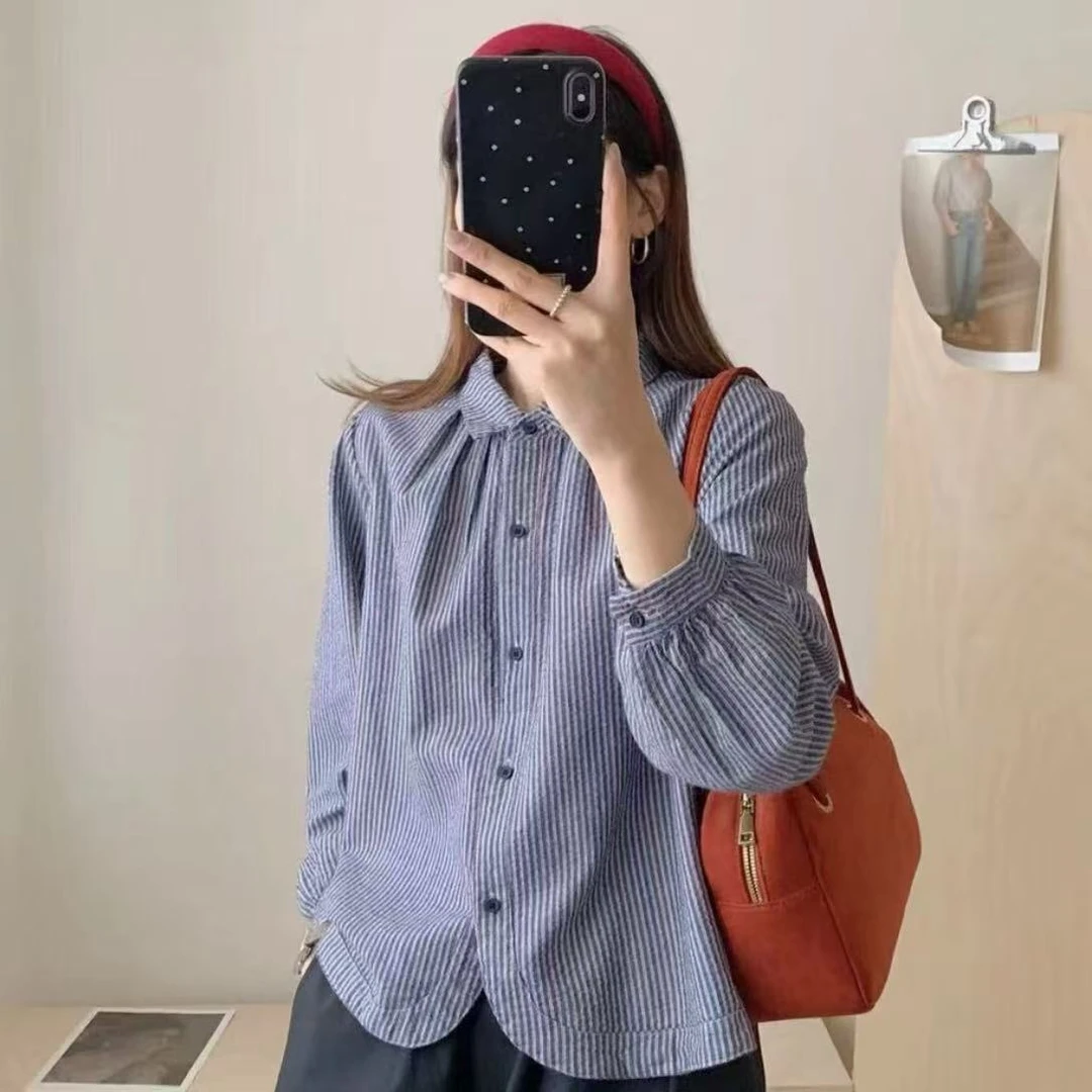 2025秋季新款气质复古港风设计感休闲百搭条纹衬衫