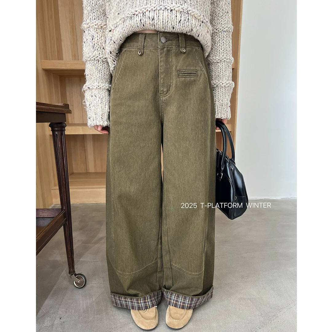T台T-PLATFORM广州十三行格纹裤脚卷边设计冬季厚款裤子93256