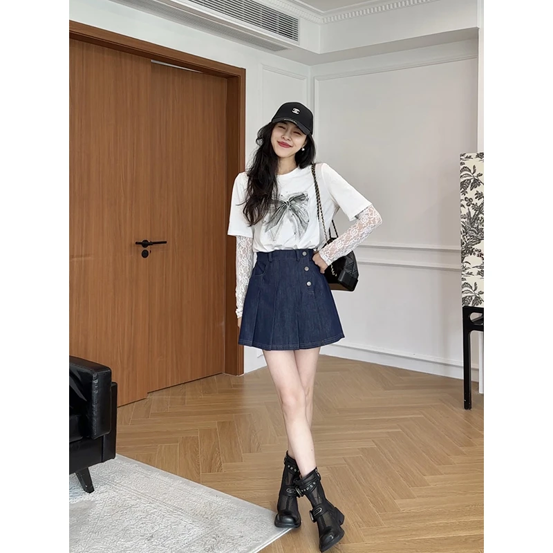 张阿星【时髦挂】蕾丝袖拼接印花上衣+遮肉裙裤W425Y09811