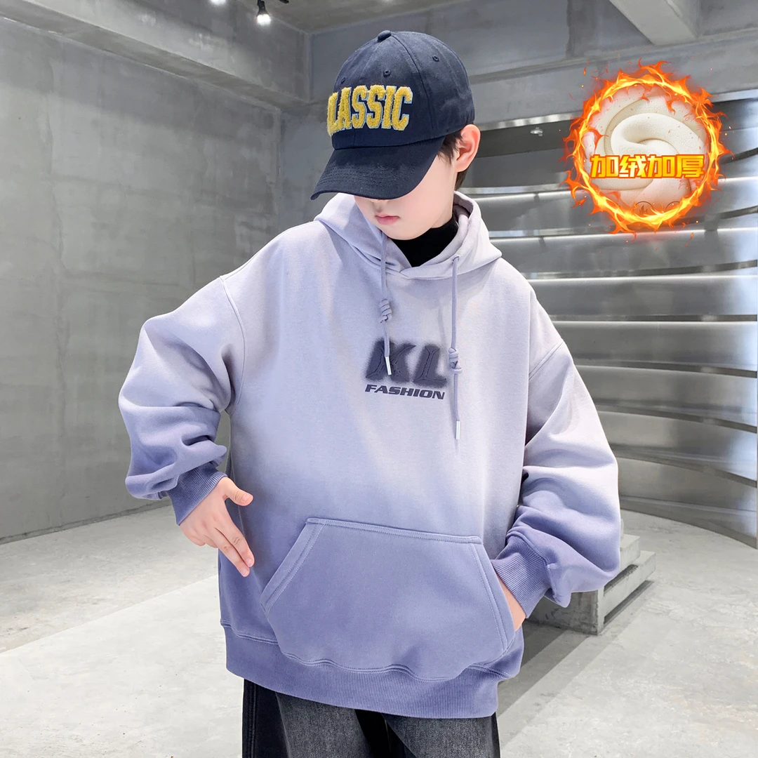 男童渐变字母连帽加绒卫衣秋冬款儿童休闲保暖一体绒上衣中大童15