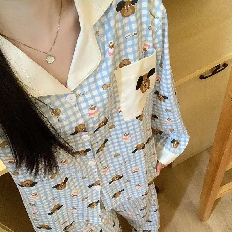 丝光爽棉睡衣女春秋季长袖长裤卡通可爱小狗狗家居服套装