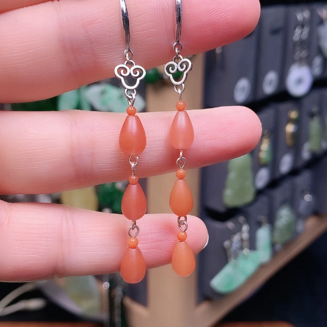 南红玛瑙银S925镶嵌耳饰