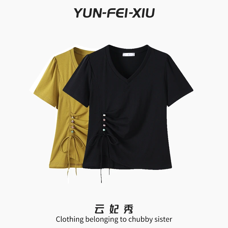 云妃秀大码女装T恤时尚休闲胖妹妹气质减龄V领百搭显瘦宽松夏2068