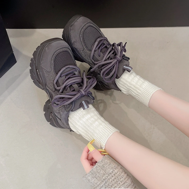 显瘦厚底老爹鞋女2025新款秋季百搭增高水钻女鞋秋冬休闲运动鞋子