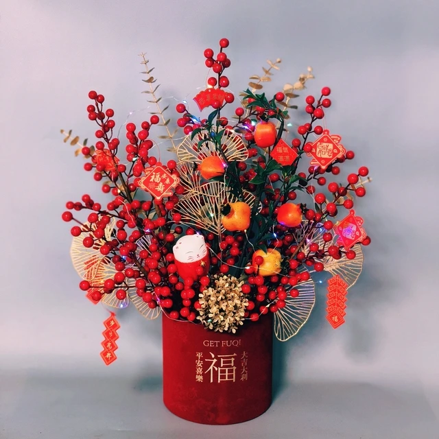 新年福桶抱抱桶冬青红浆果年宵花DIY材料包乔迁结婚客厅装饰摆件