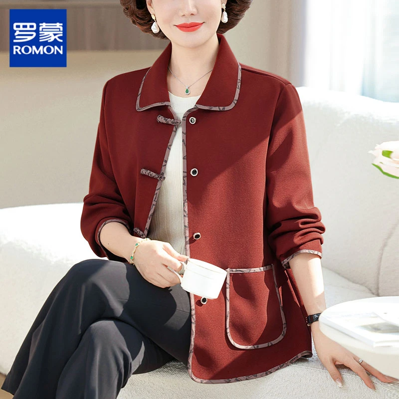 罗蒙中年妈妈秋装福态新中式国风上衣中老年人女春秋宽松毛呢外套