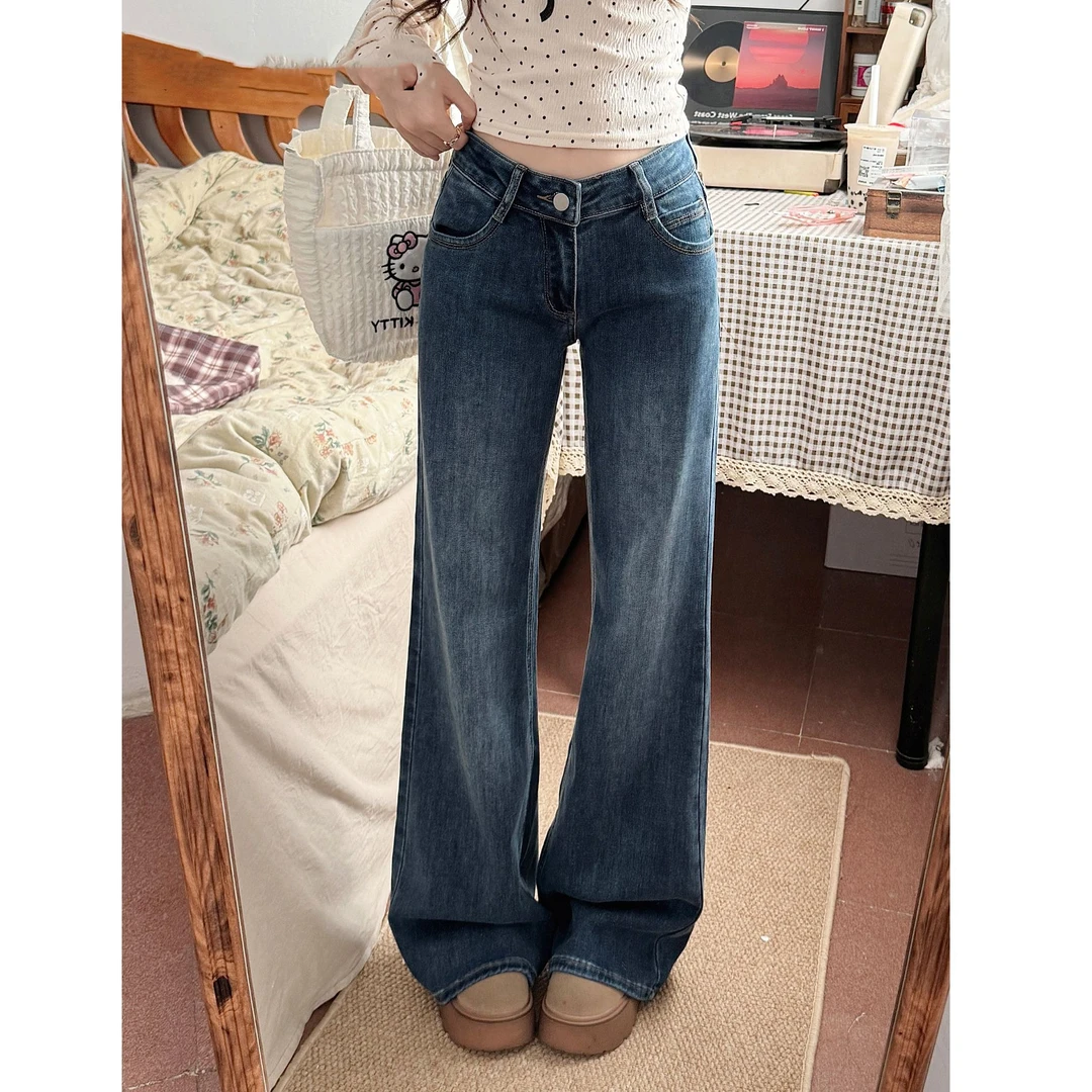 美式复古蓝低腰微喇叭牛仔裤女秋季宽松弹力不贴腿马蹄裤拖地裤