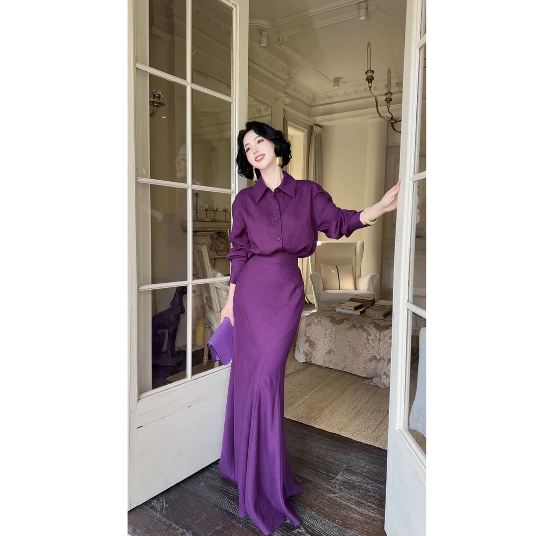 LYXJ【紫韵之约】显瘦亚麻莱赛尔系列拼接时尚套装+上衣+裙子12360