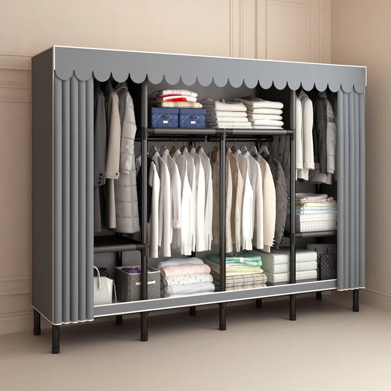 简易衣柜家用卧室钢架加粗厚收纳布衣柜出租房屋组装布衣挂衣橱子