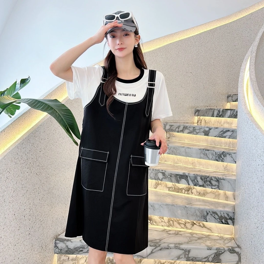 胖mm大码女装减龄2025夏季新款宽松气质背带裙假两件显瘦连衣裙