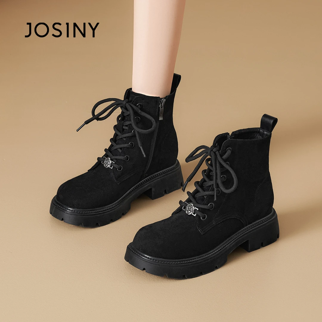 卓诗尼厚底马丁靴2025秋冬休闲风黑色中筒高跟靴子女靴复古单靴