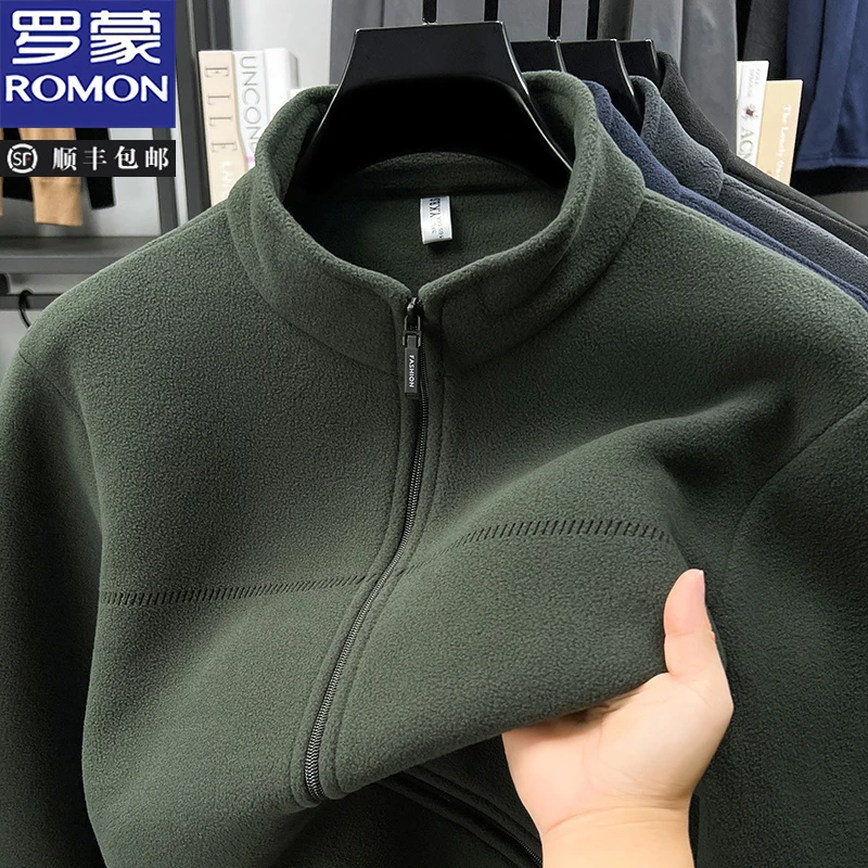 罗蒙秋冬摇粒绒保暖外套男士新款休闲立领加绒加厚奥粒绒夹克上衣