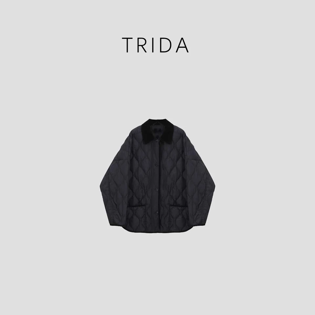 【霍尔多巴吉】黑色巴恩风翻领菱形格灯芯绒鹅绒填充外套256795AX