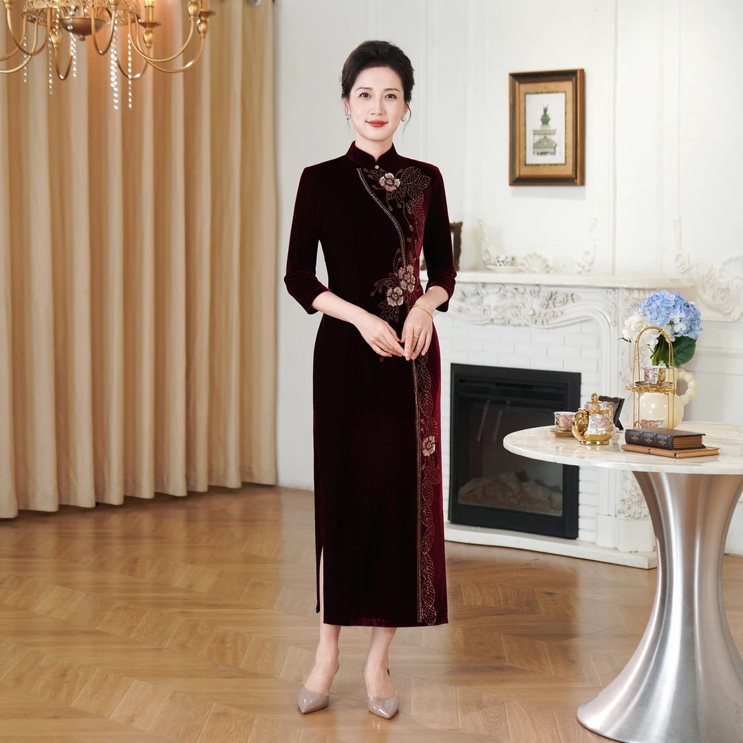 秋季新款修身改良丝绒旗袍高级感喜婆婆喜妈妈敬酒服长款礼服5XL