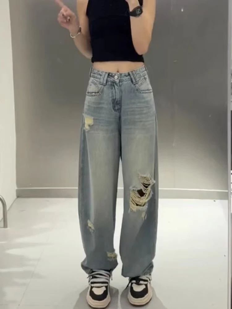 大码女装破洞阔腿牛仔裤夏季新款复古高腰显瘦胖mm梨形身材萝卜裤