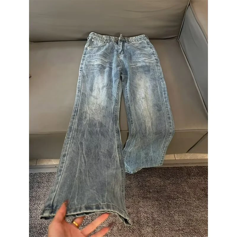 美式高街vibe闪电纹牛仔裤男款直筒cleanfit裤子修身显瘦微喇长裤