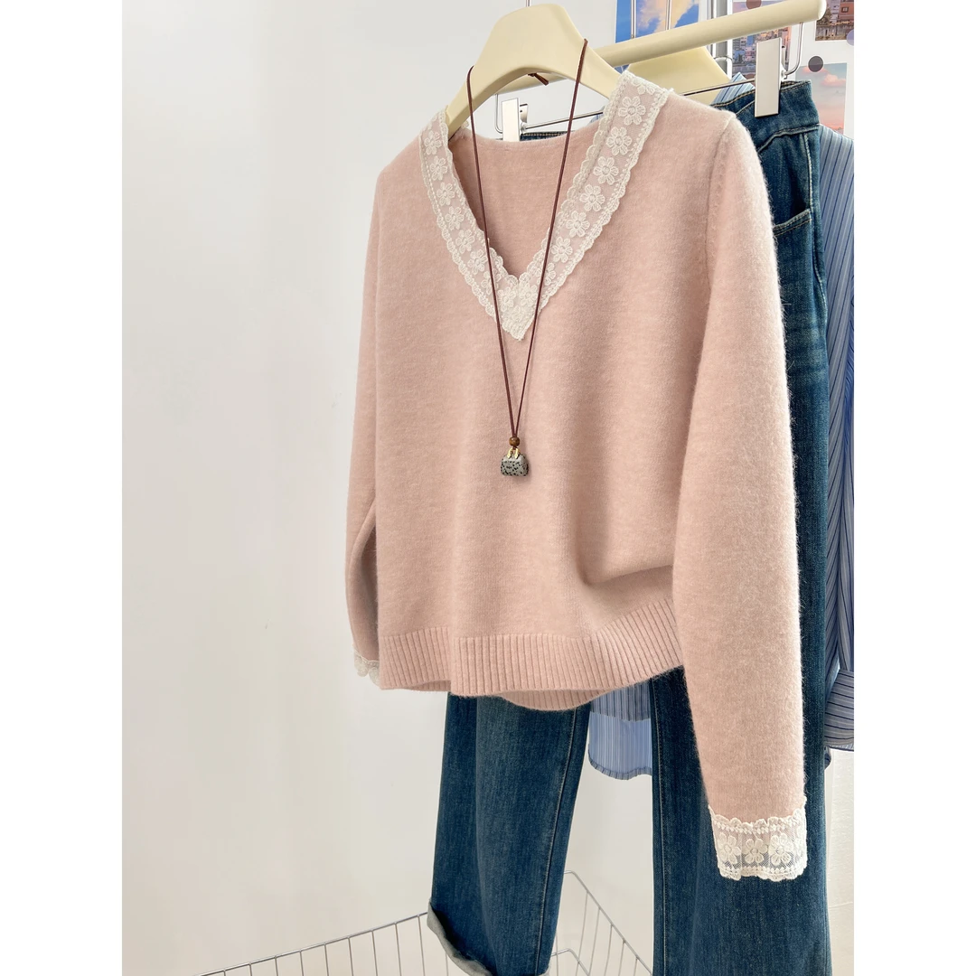 法式氛围感蕾丝花边毛衣女秋冬2025年新款甜美减龄宽松百搭针织衫