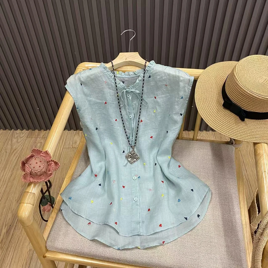 花边彩色爱心刺绣苎麻无袖衬衫减龄百搭系带文艺上衣女C2513