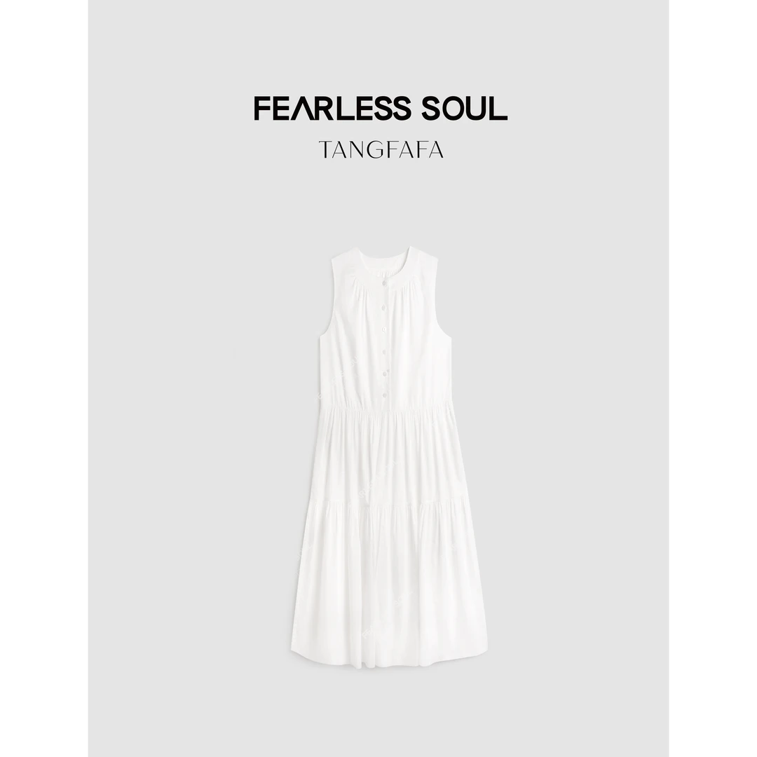 TFF X FS 法式褶皱排扣棉质无袖连衣裙 825FY229 *