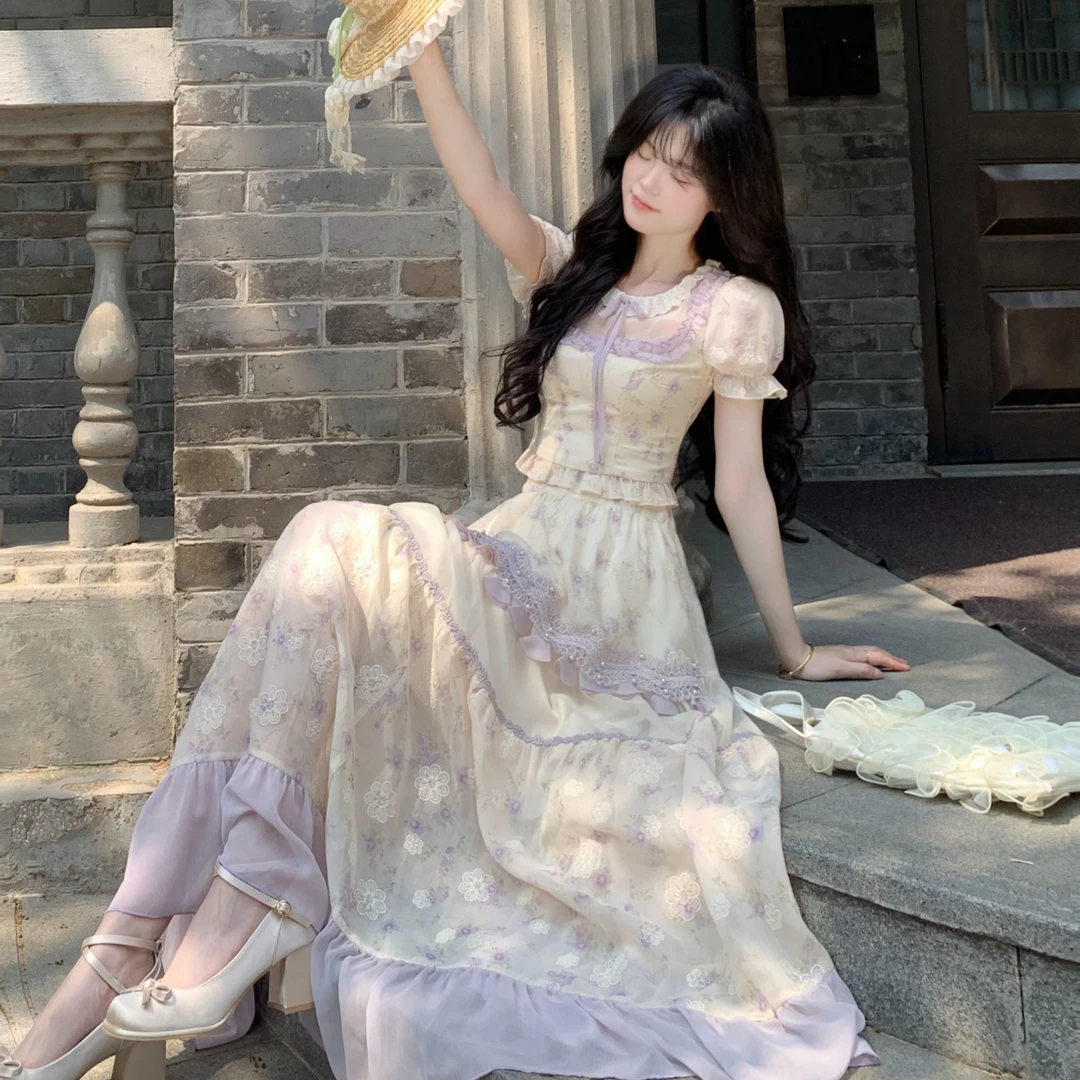 Blovelan云雀呢喃 甜美小清新泡泡袖碎花上衣+绝美碎花优雅半身裙