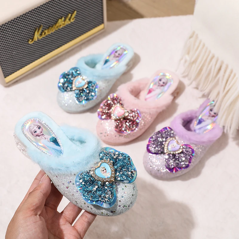 冬季女童高跟鞋包头款爱莎公主鞋加绒儿童棉拖鞋小女孩棉鞋公主风