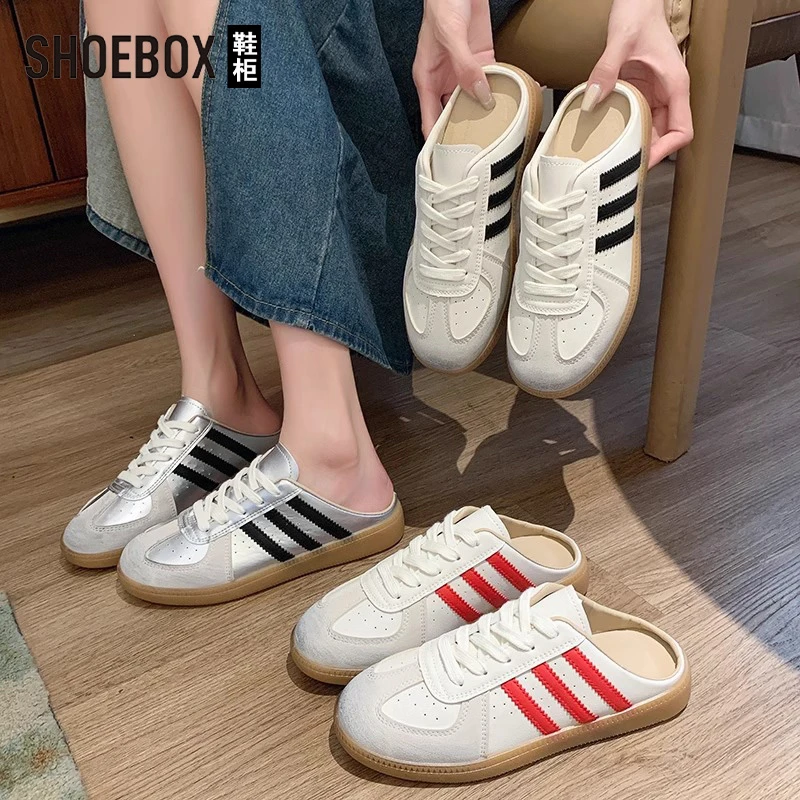 SHOEBOX鞋柜半拖帆布鞋女2025夏季透气一脚蹬懒人鞋无后跟小白鞋