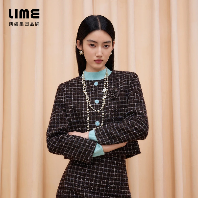 朗姿/莱茵【循迹真我】优雅粗花呢格纹梭织短上衣深棕LDGD9AWCJ310