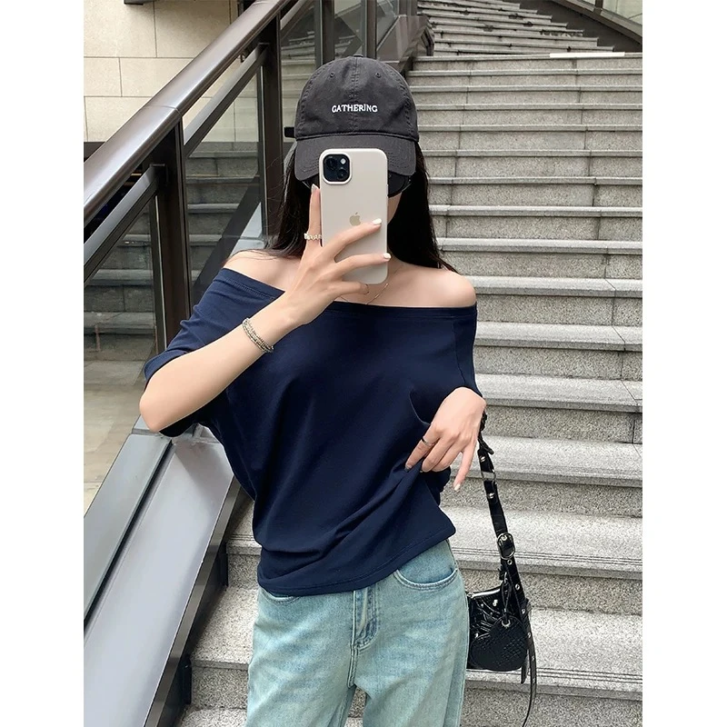 明星同款夏季纯欲气质优雅一字肩别致宽松甜美甜辣休闲短袖女百搭