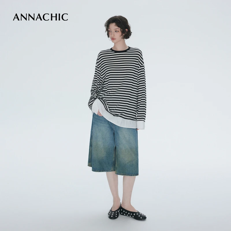 ANNACHIC博主造型_假两件黑白条纹长袖T恤女/松弛感宽松显瘦上衣