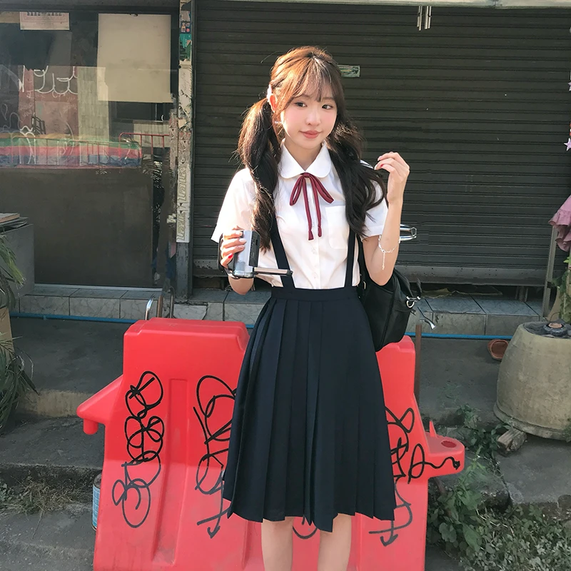 东京岁时记jk简音女子素色背带裙可爱娃娃领白衬衫背带裙套装女夏