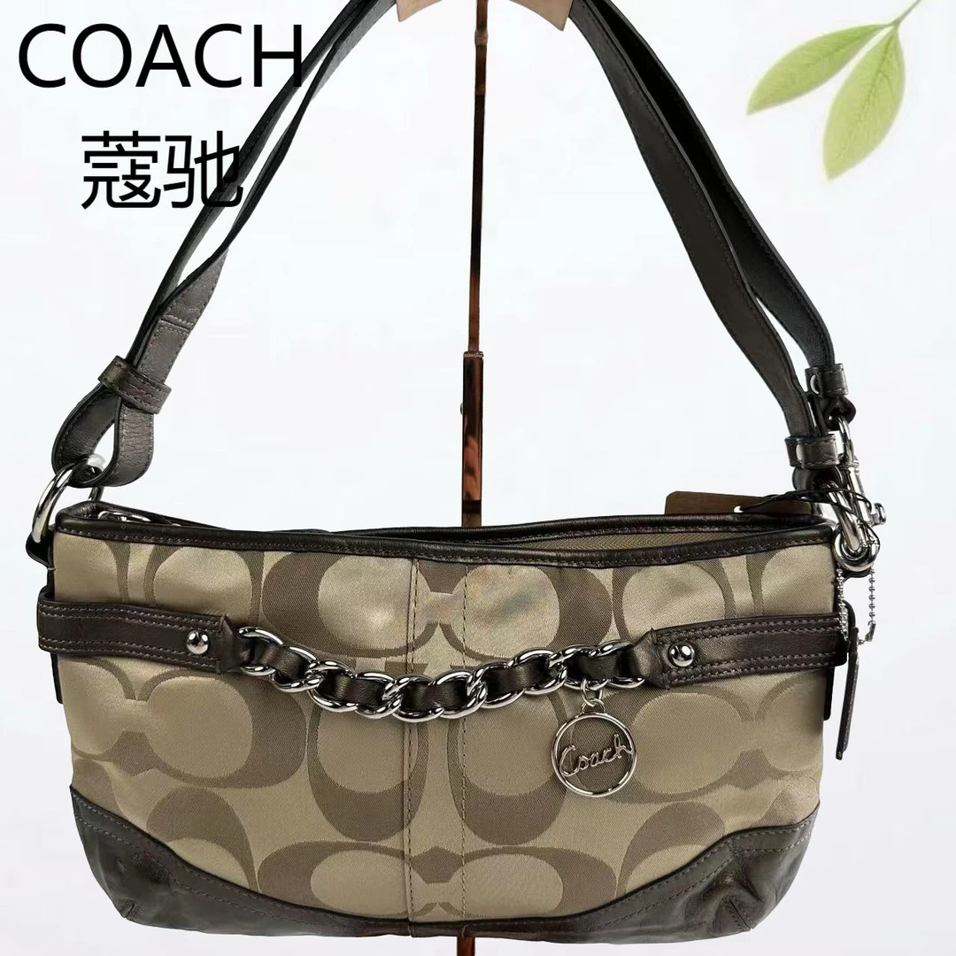 95新 COACH/蔻驰 老花香槟金单肩斜挎包G25803685底长27X20
