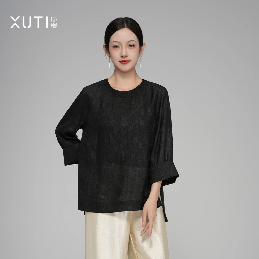 序缇『黛烟』夏季新款复古国风新中式桑蚕丝上衣女显瘦J37-12328