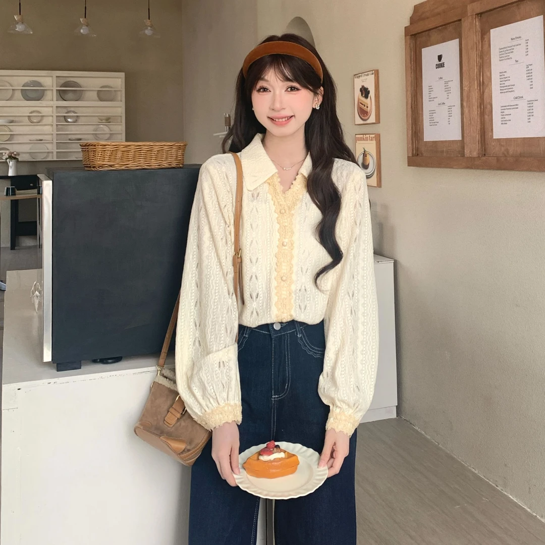 慕兔法式洋气镂空拼接翻领长袖衬衫女2025秋新款设计小众宽松上衣