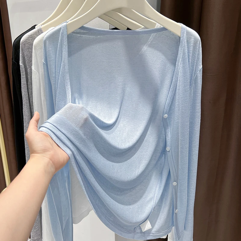 蓝色冰丝针织防晒开衫夏季新款配吊带裙防晒外搭罩衫宽松空调衫女